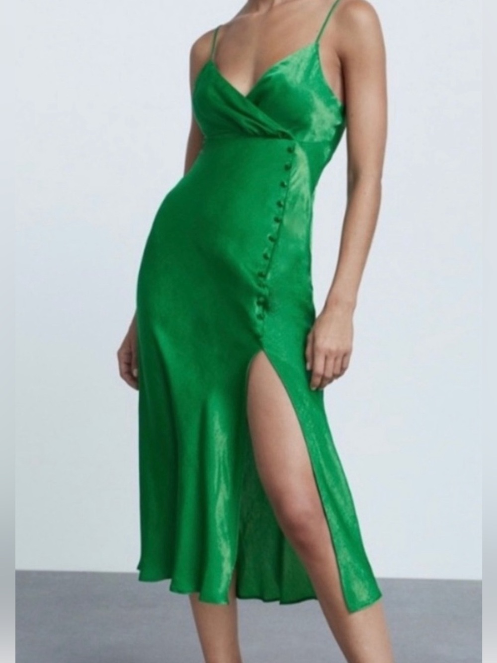 Zara Emerald Green Satin Midi Slip Dress with Side Slit